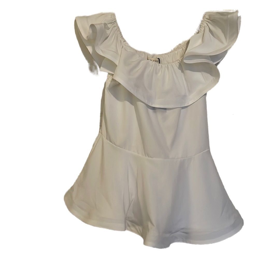 MAIN Strip | Pretty white peplum blouse w/ruffled collar and elastic neckline
